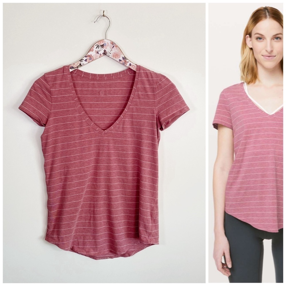 LULULEMON Love Tee V Striped Heather Merlot Stripe Shirt Size 4